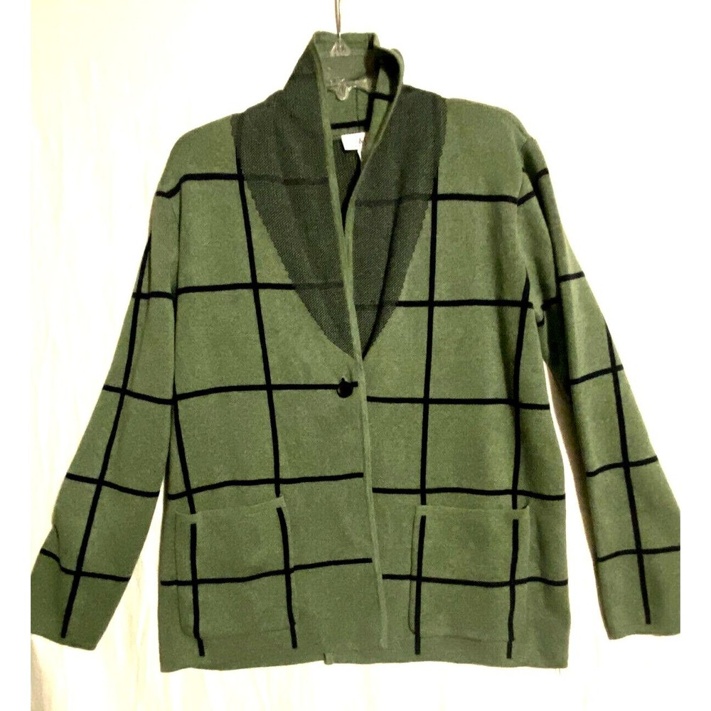 Womens Oversized Plaid Sweater Cardigan Sz M Green Black Knit w/Pockets